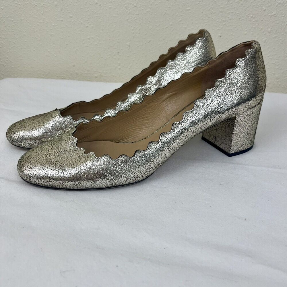 Chloe Lauren Silver Metallic Leather Scalloped Trim Block Heel Pumps EU 40 US 9